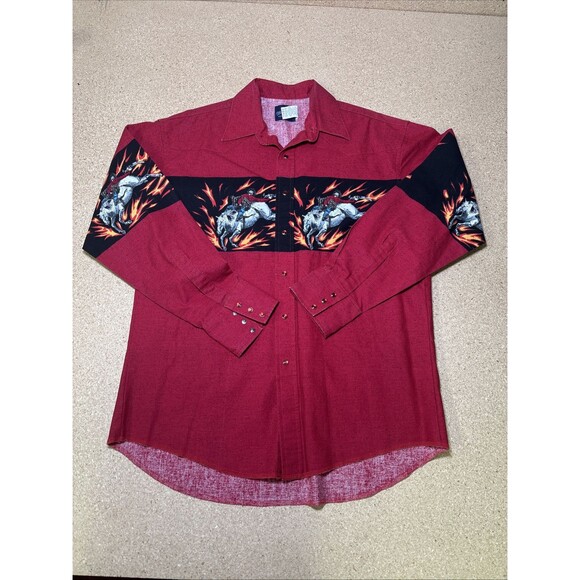 Vtg Red WRANGLER WESTERN SHIRT Sz L Pearl Snap Bull Riding Flames Cowboy - Picture 1 of 6